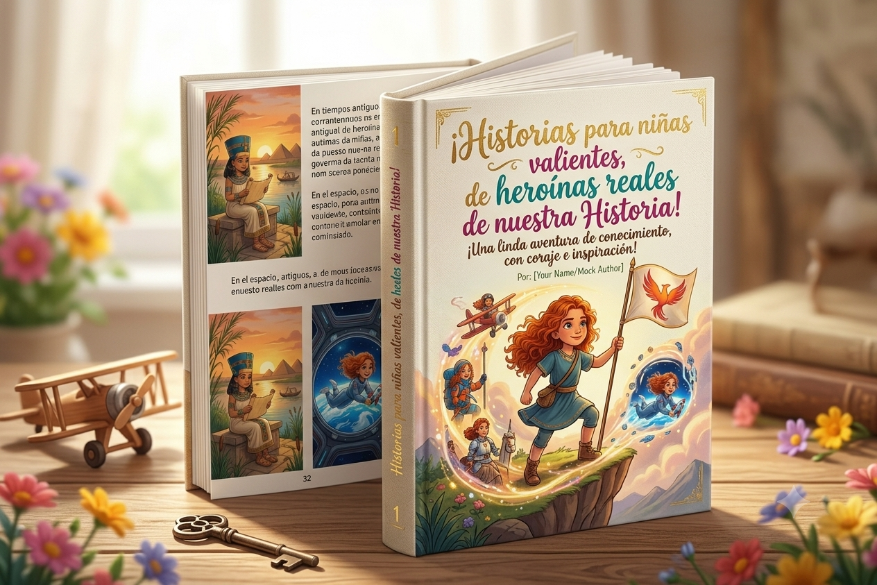 Ebook ¡Historias para niñas valientes, de heroínas reales de nuestra Historia! abierto sobre una mesa de madera con flores